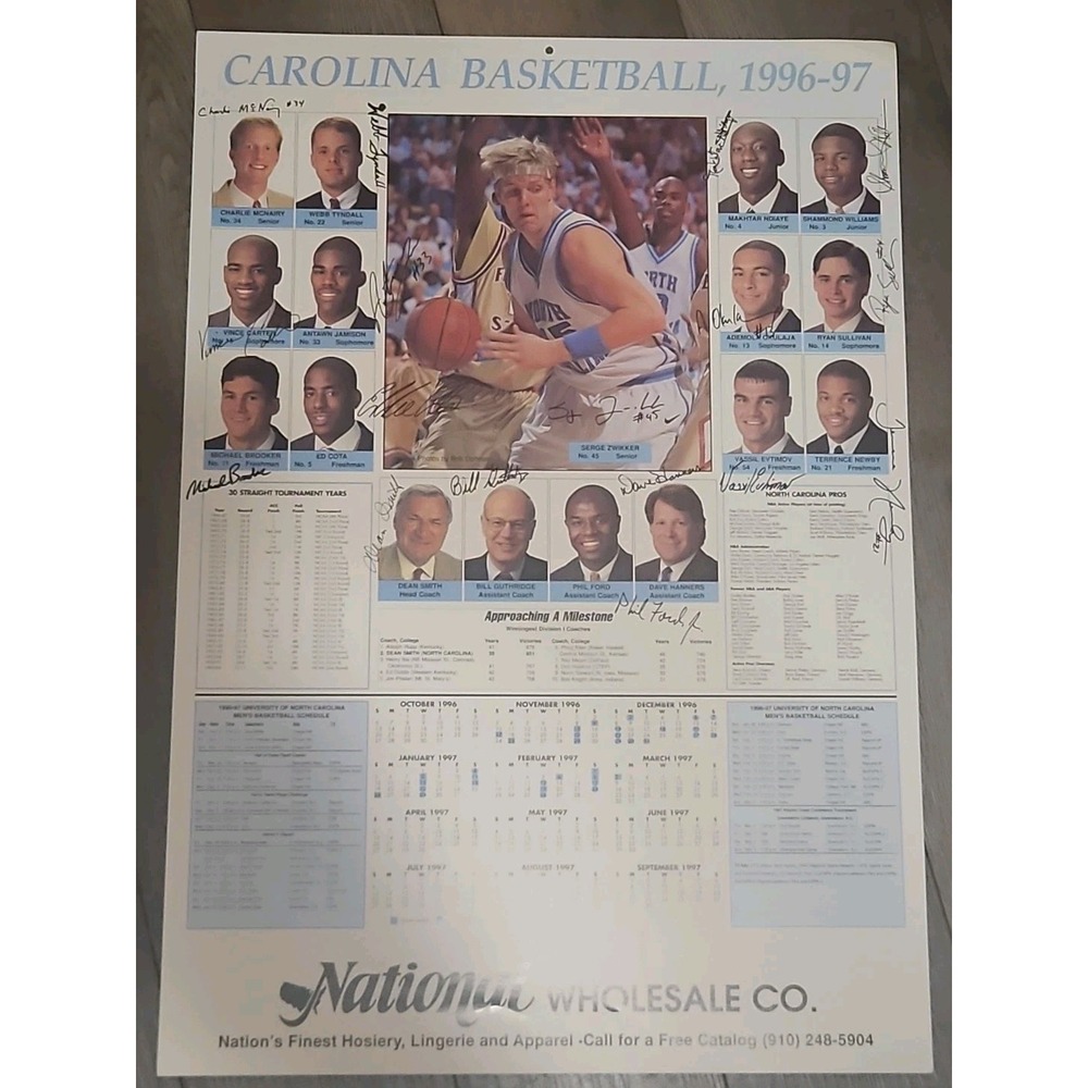 1996-1997‎ UNC Autograph North Carolina Tarheels Basketball Poster Team Calendar